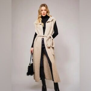 Wool Blend Belted Maxi Cardigan Vest Mocha